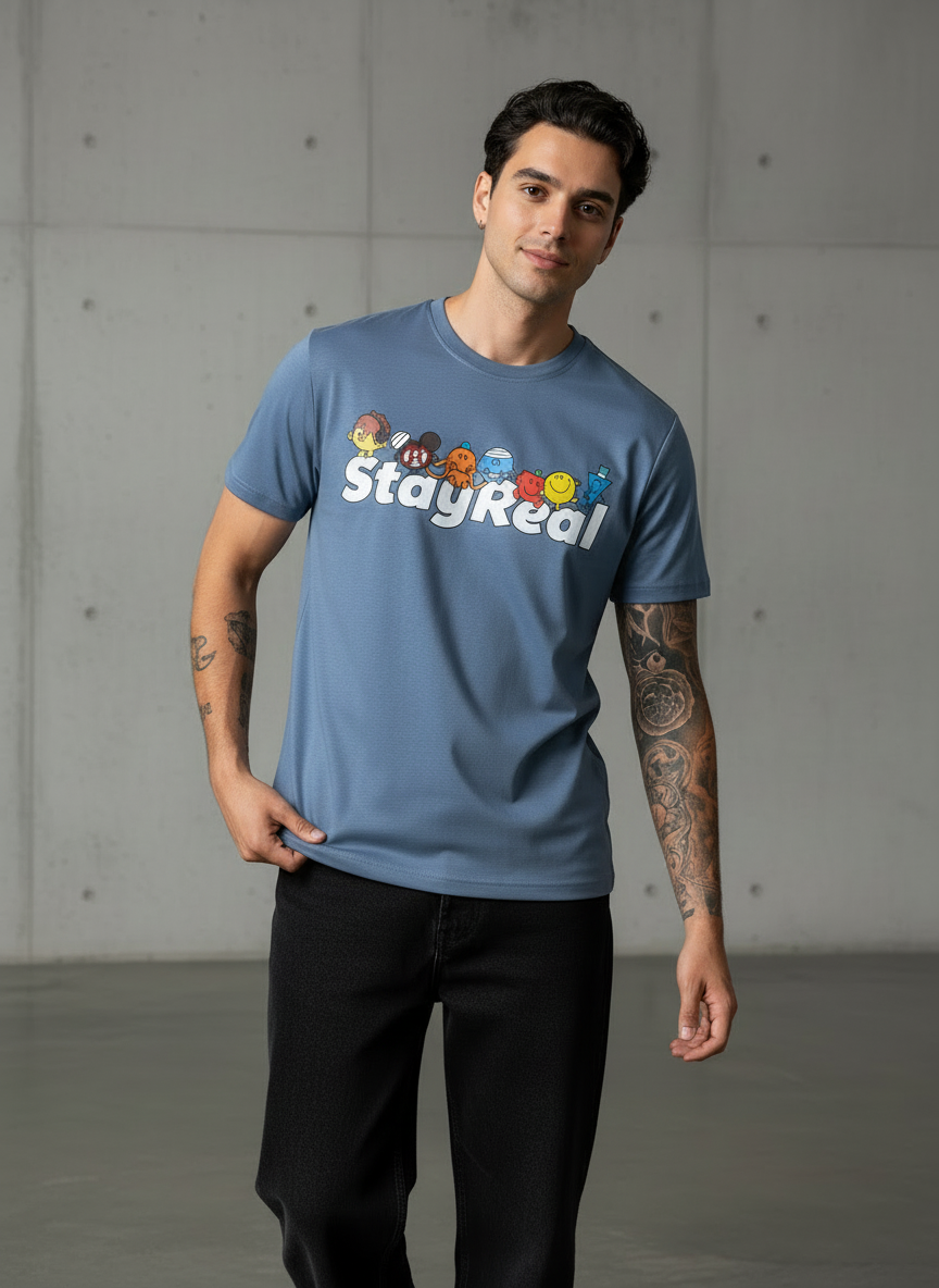 Stay Real Toons Regular Fit Blue T-Shirt