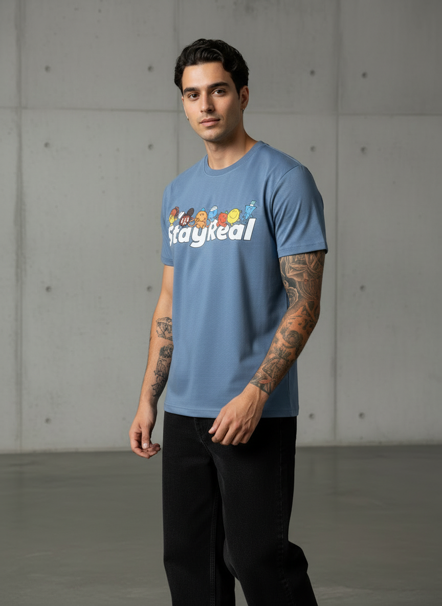 Stay Real Toons Regular Fit Blue T-Shirt