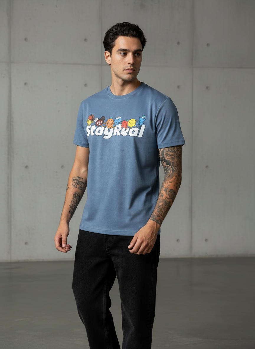 Stay Real Toons Regular Fit Blue T-Shirt
