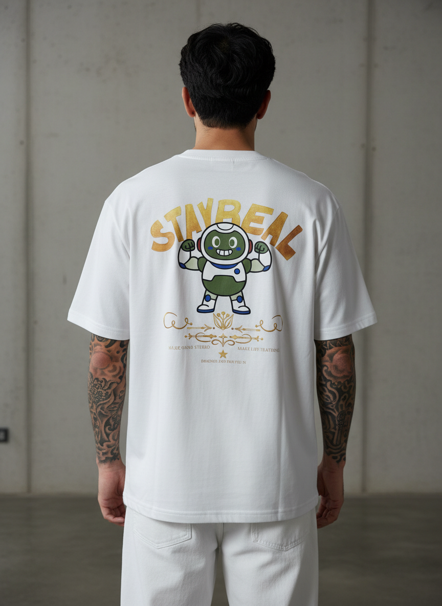 Stay Real Robot Oversized White T-Shirt