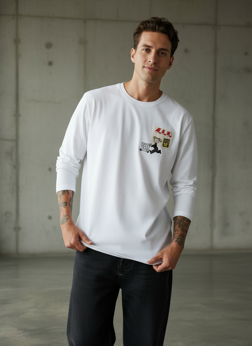 Cart Pocket White Regular Full Sleeves T-Shirt