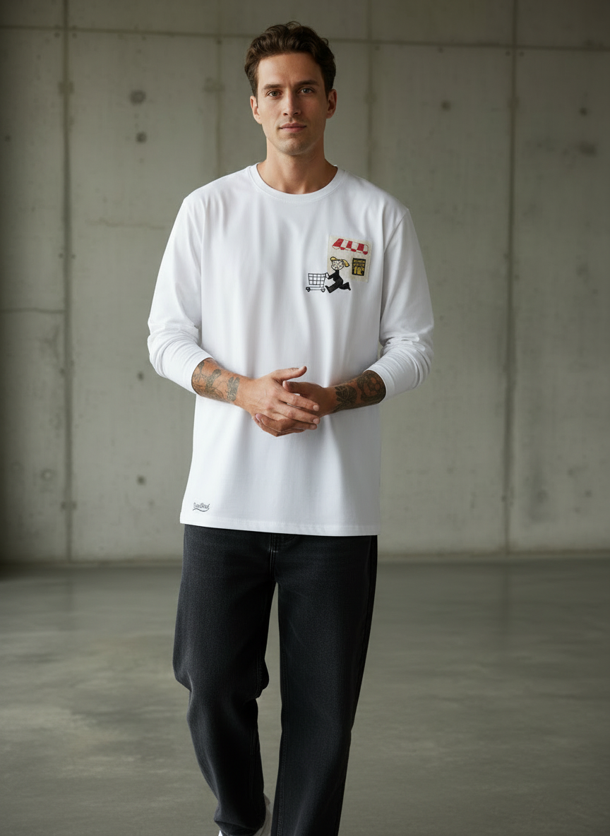 Cart Pocket White Regular Full Sleeves T-Shirt