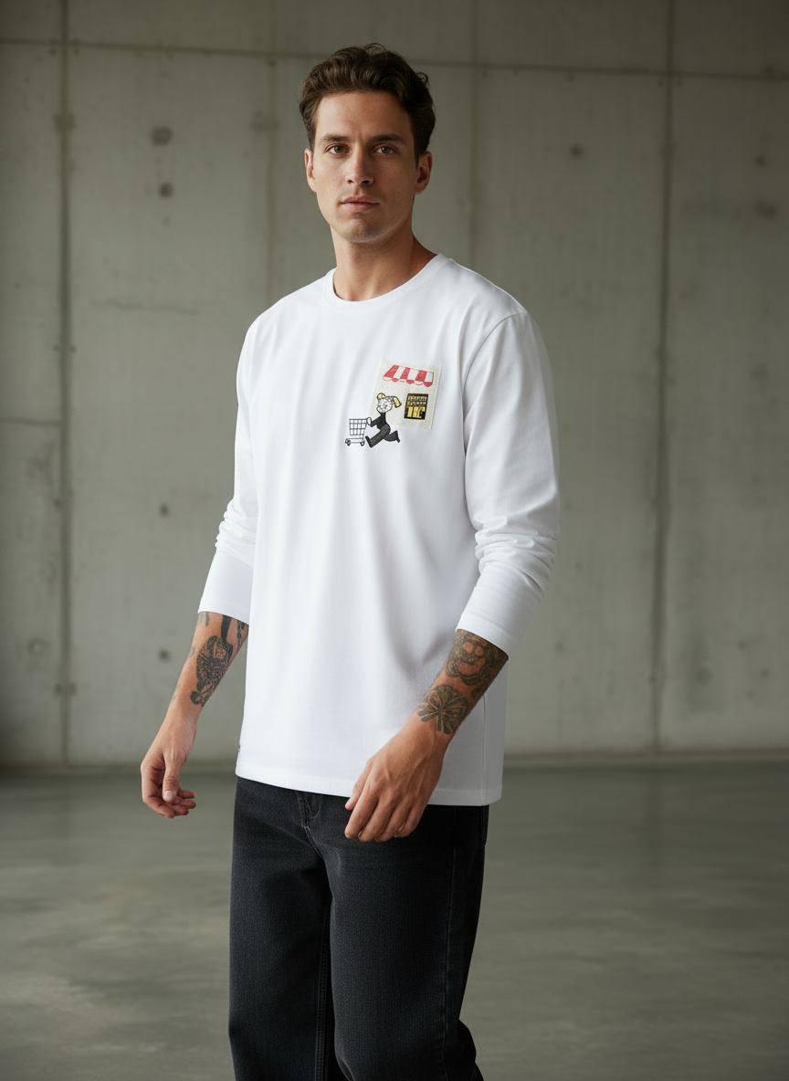 Cart Pocket White Regular Full Sleeves T-Shirt