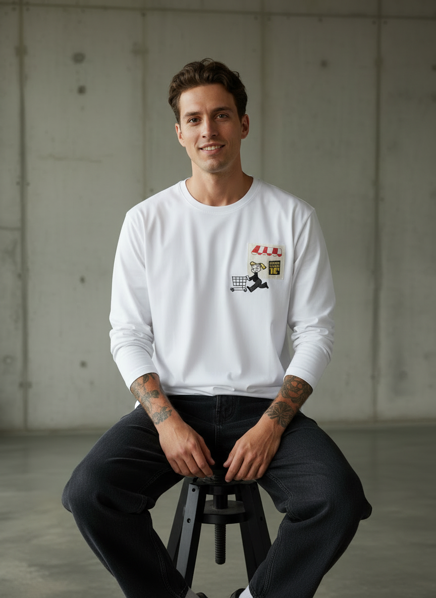 Cart Pocket White Regular Full Sleeves T-Shirt