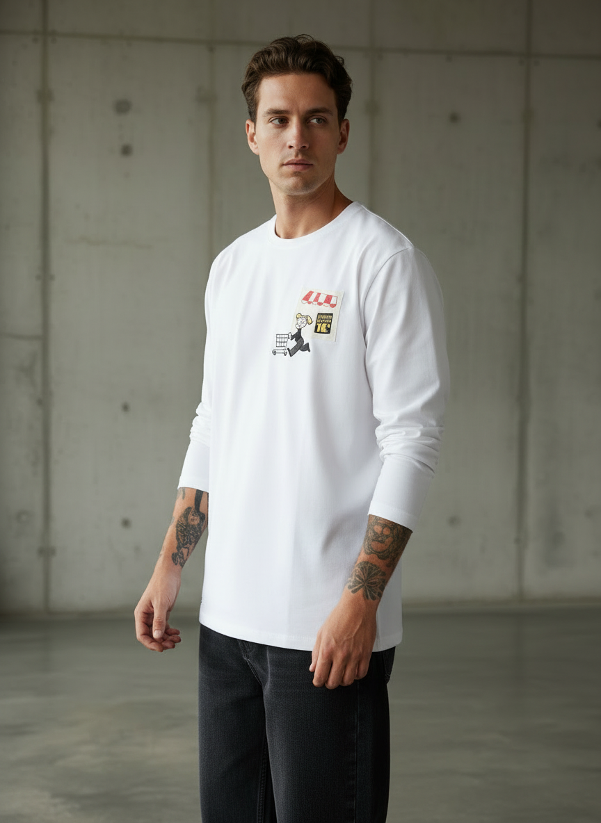Cart Pocket White Regular Full Sleeves T-Shirt